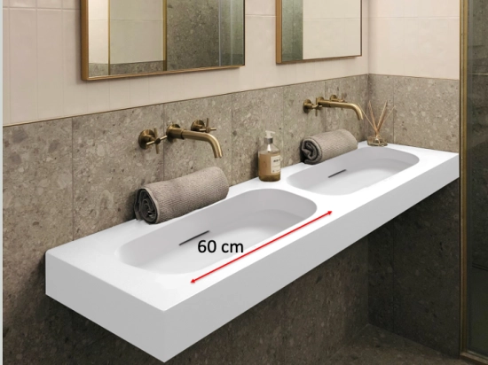 Plan double vasques, bassin design 60 cm, système d’évacuation discret L. 100 à 201 x P. 40 à 51 cm Finition lisse Résine Akrytan® teinté dans la masse, Livraison Offerte
